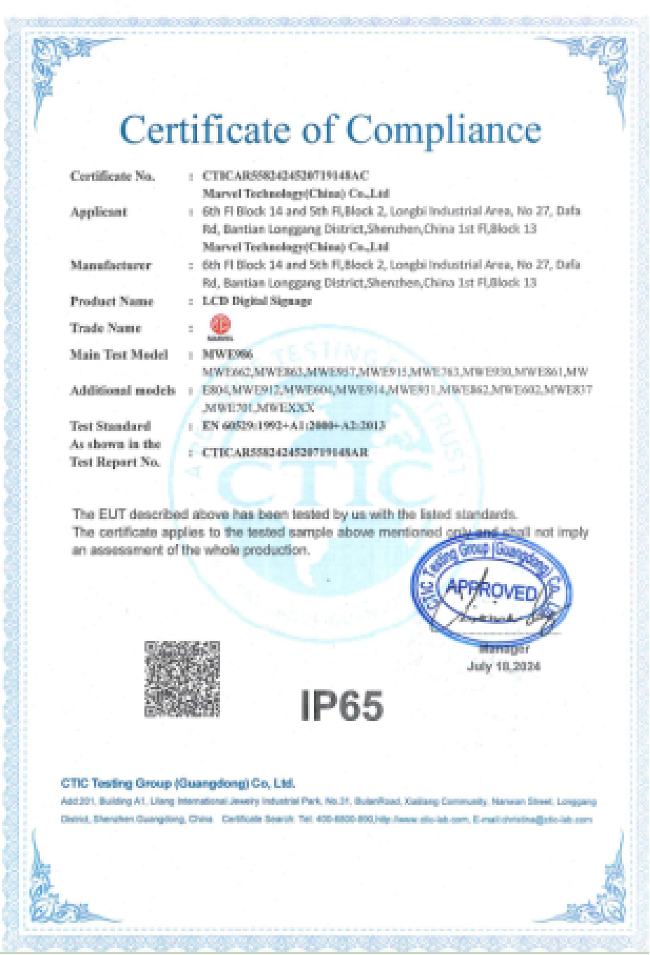 IP65 Certificate