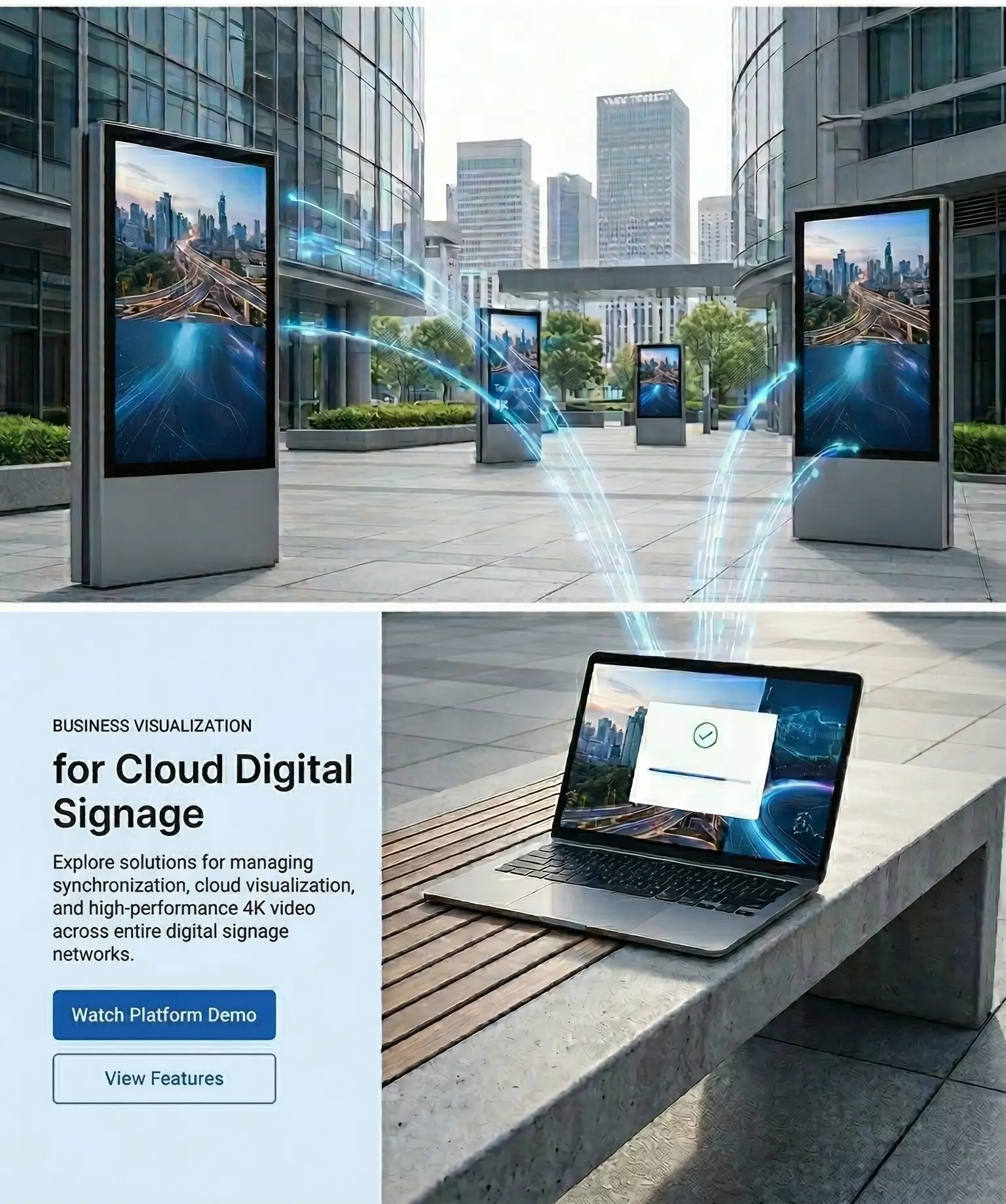 Marvel Cloud CMS Dashboard on Laptop with Outdoor Totem in background