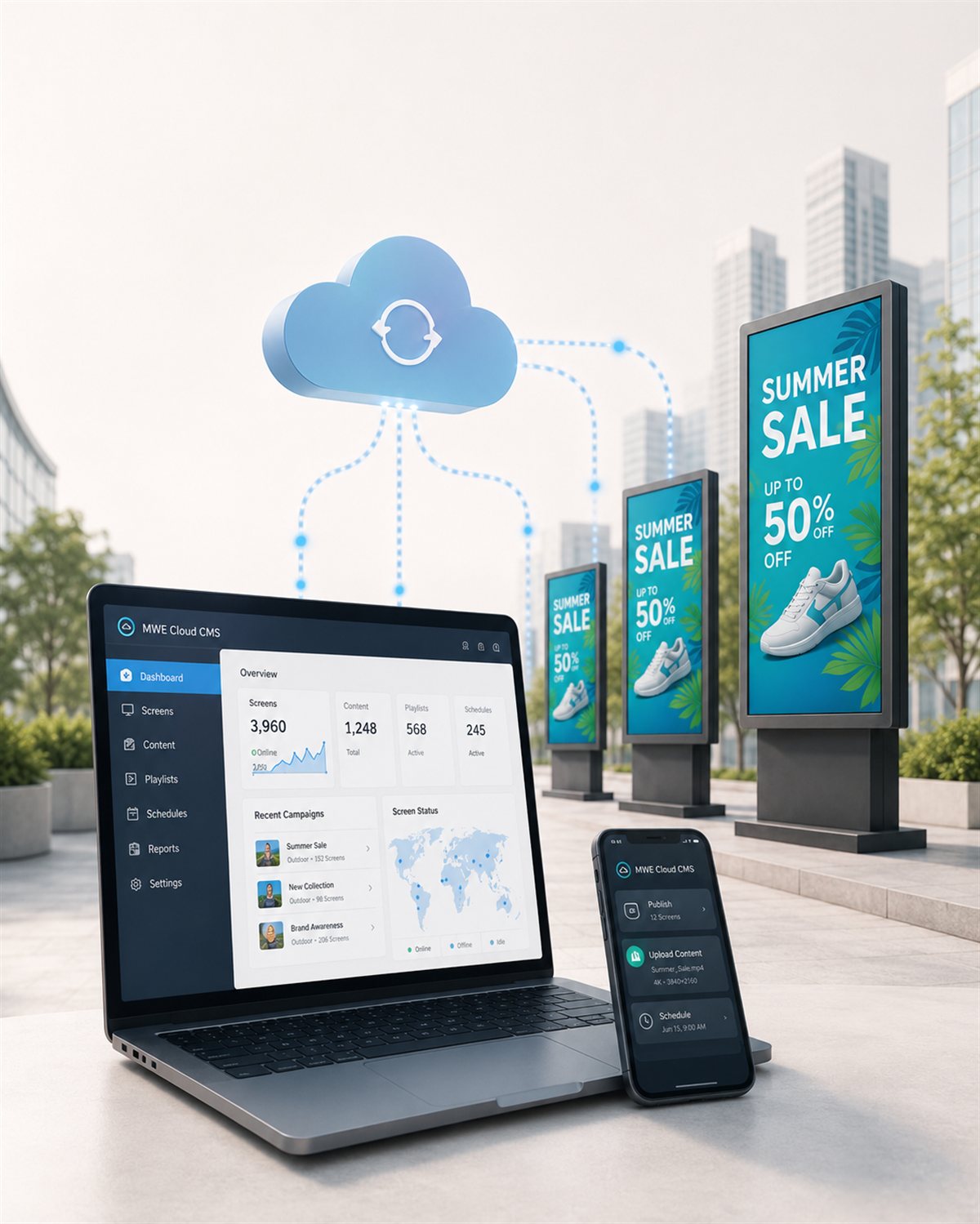 Marvel Cloud CMS Dashboard on Laptop with Outdoor Totem in background