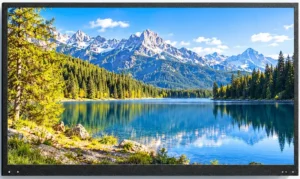 Front view of a black outdoor television displaying a mountain lake