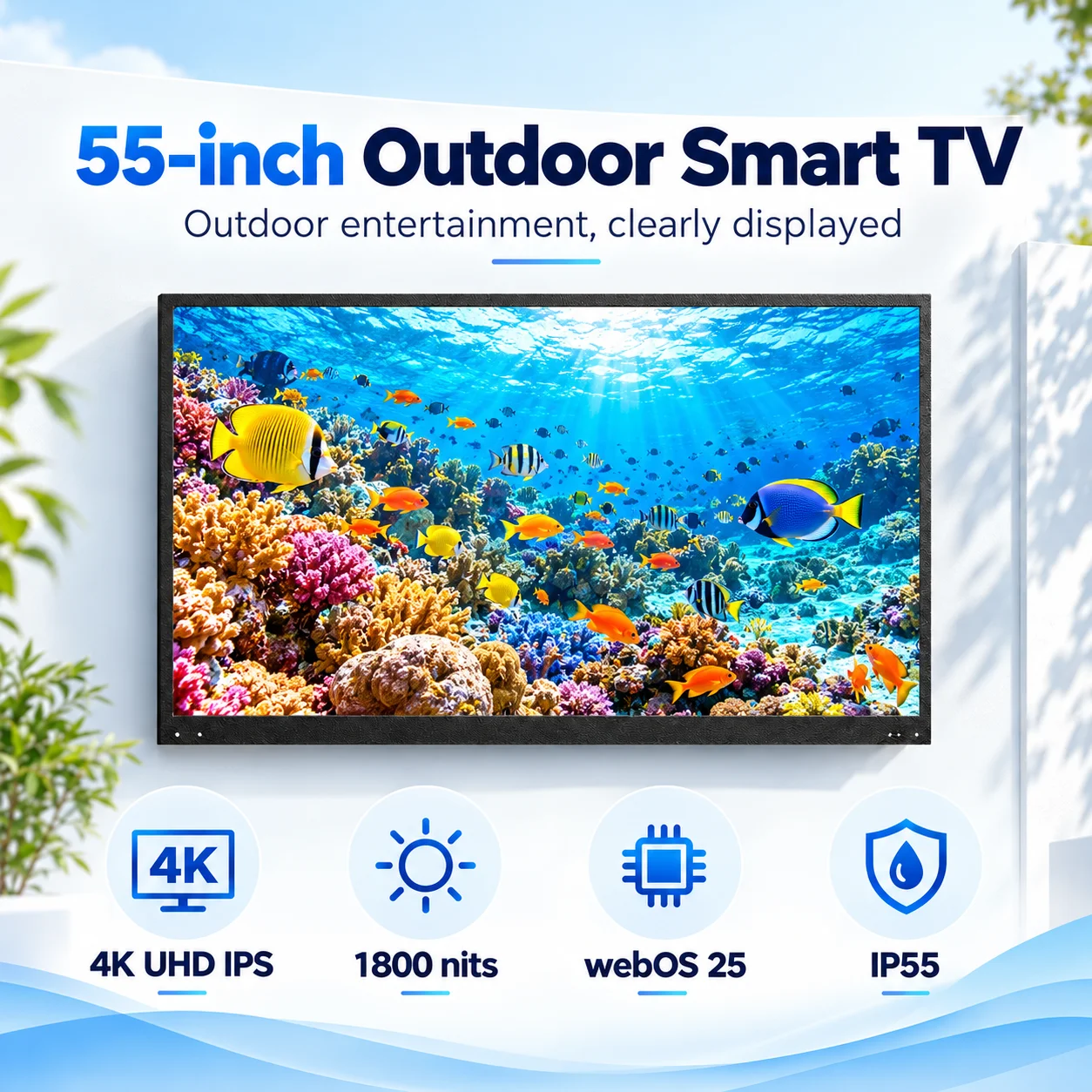 55-inch outdoor TV overview: 4K UHD IPS, 1800 nits, webOS 25 and IP55; coral reef on screen