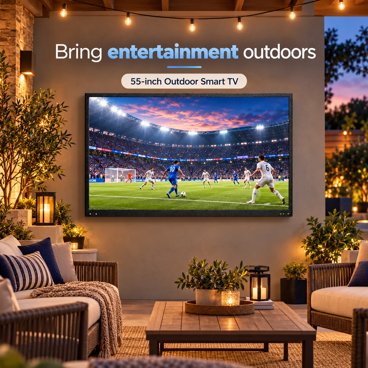 55-inch outdoor TV displaying football on a covered patio at dusk