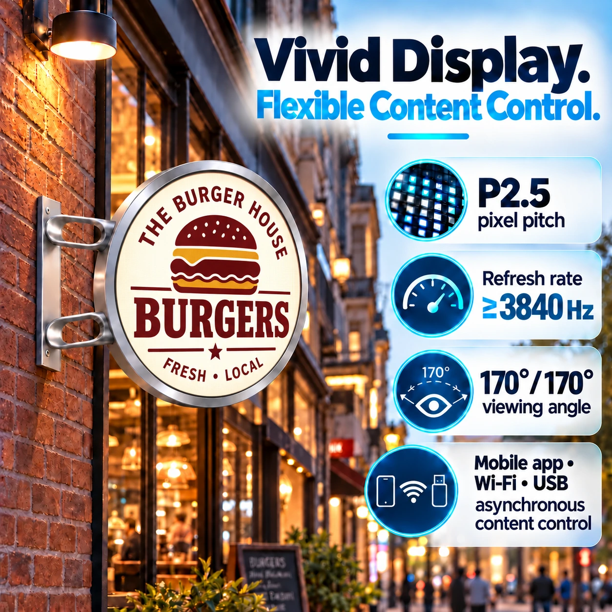 P2.5 pixel pitch, at least 3840 Hz refresh rate and flexible content control