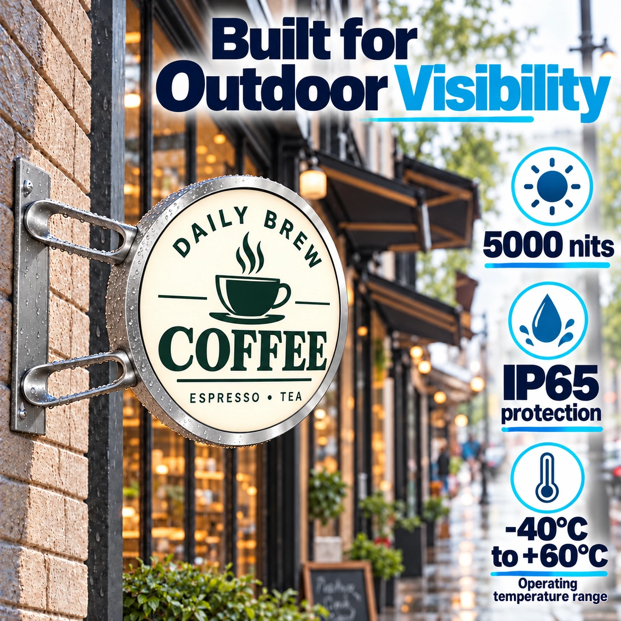 5000 nits outdoor visibility, IP65 protection, -40°C to +60°C operation