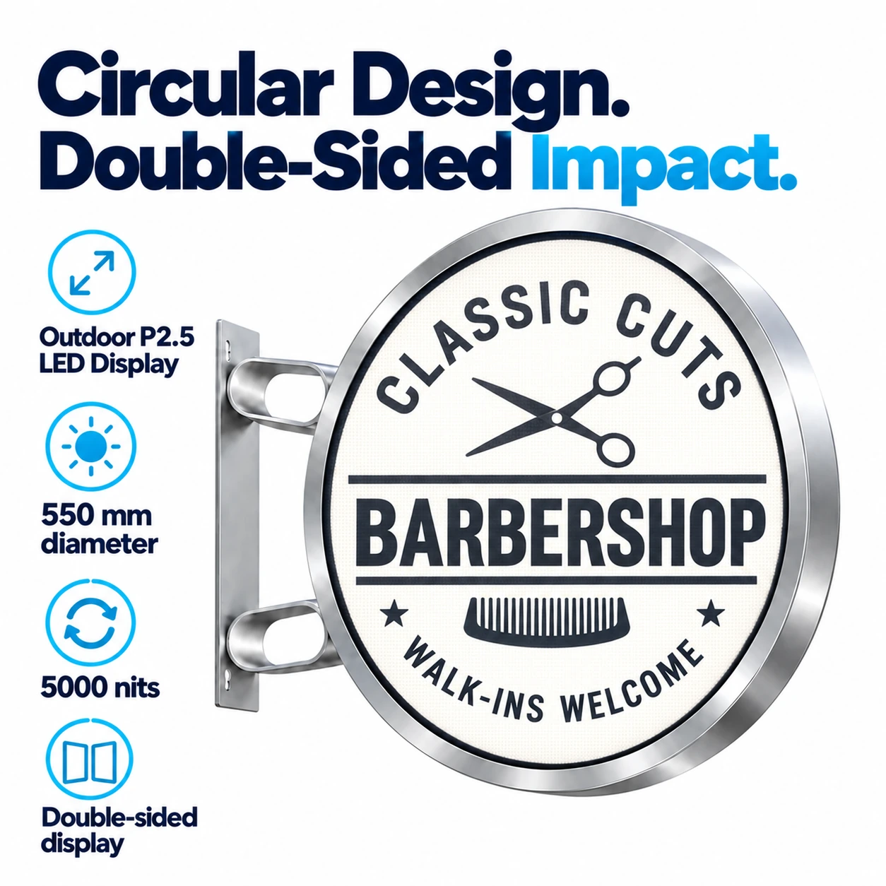 Circular double-sided P2.5 LED display: 550 mm diameter, 5000 nits