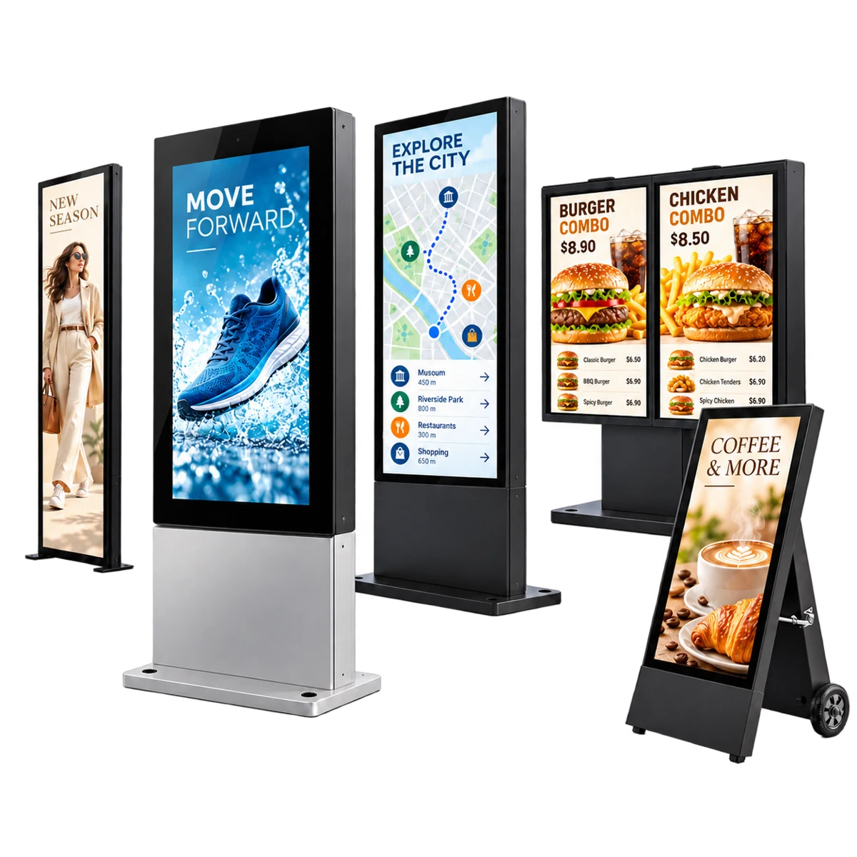 Display family illustration showing retail fashion advertising, outdoor advertising, city wayfinding, double-screen drive-thru menus and cafe promotions