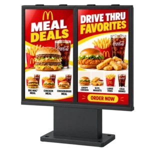 MWE897 floor-standing outdoor optical bonding display with two side-by-side portrait screens