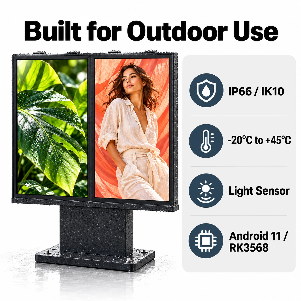 MWE897 outdoor: integrated feature text and matching icons with text-free display screens