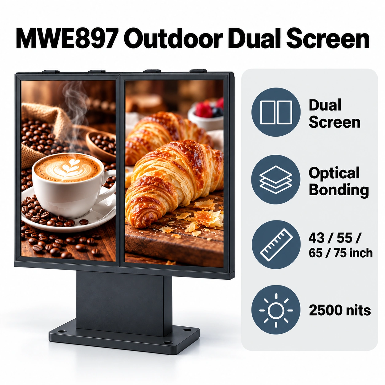 MWE897 overview: integrated feature text and matching icons with text-free display screens
