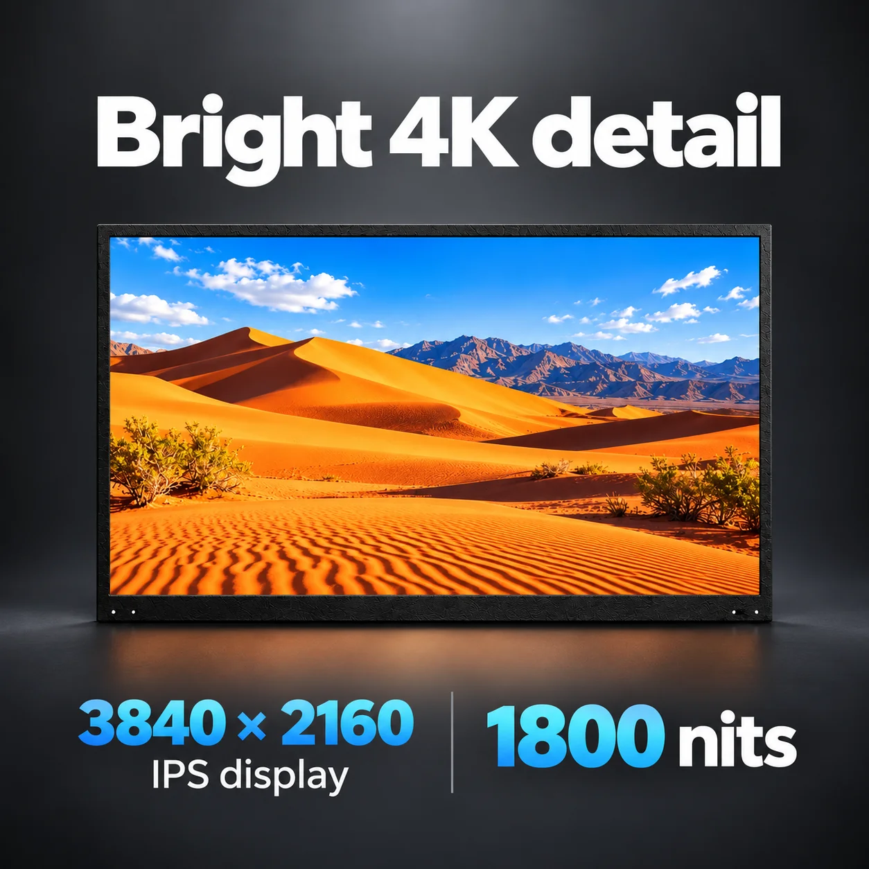 1800 nits brightness and 3840 x 2160 IPS display on a dark studio background