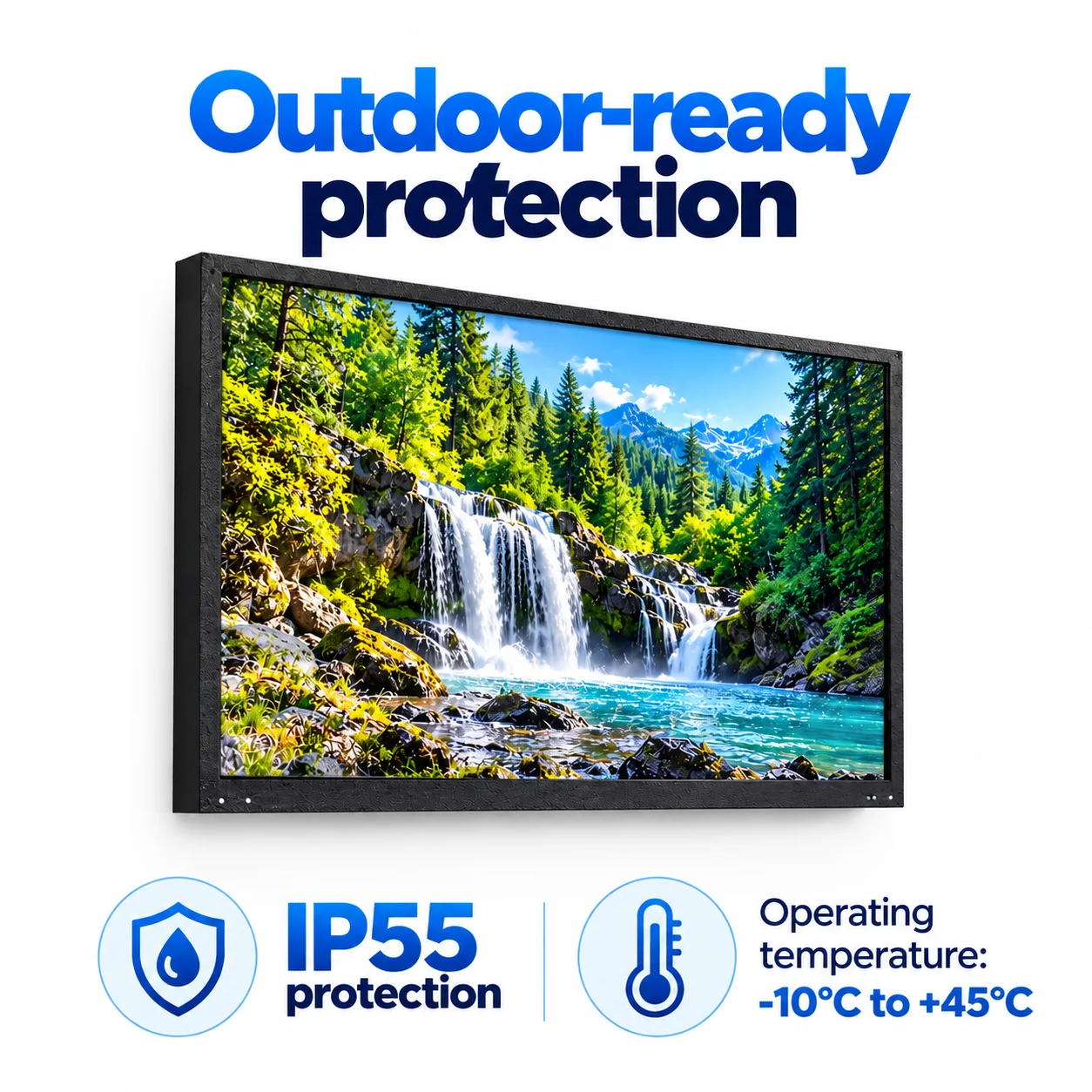 Outdoor TV on white background with IP55 protection and operating temperature -10°C to +45°C