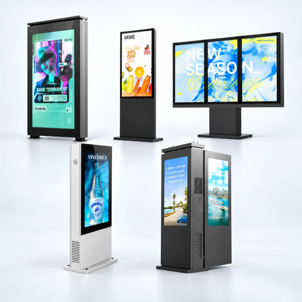 MWE outdoor digital signage product family with slim floor-standing, multi-screen pedestal, silver enclosure and double-sided display designs