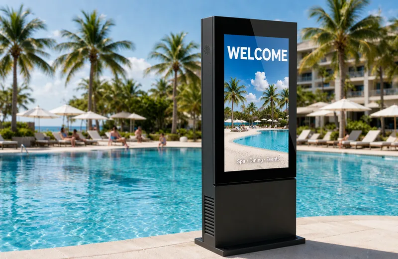 Outdoor display beside a resort swimming pool
